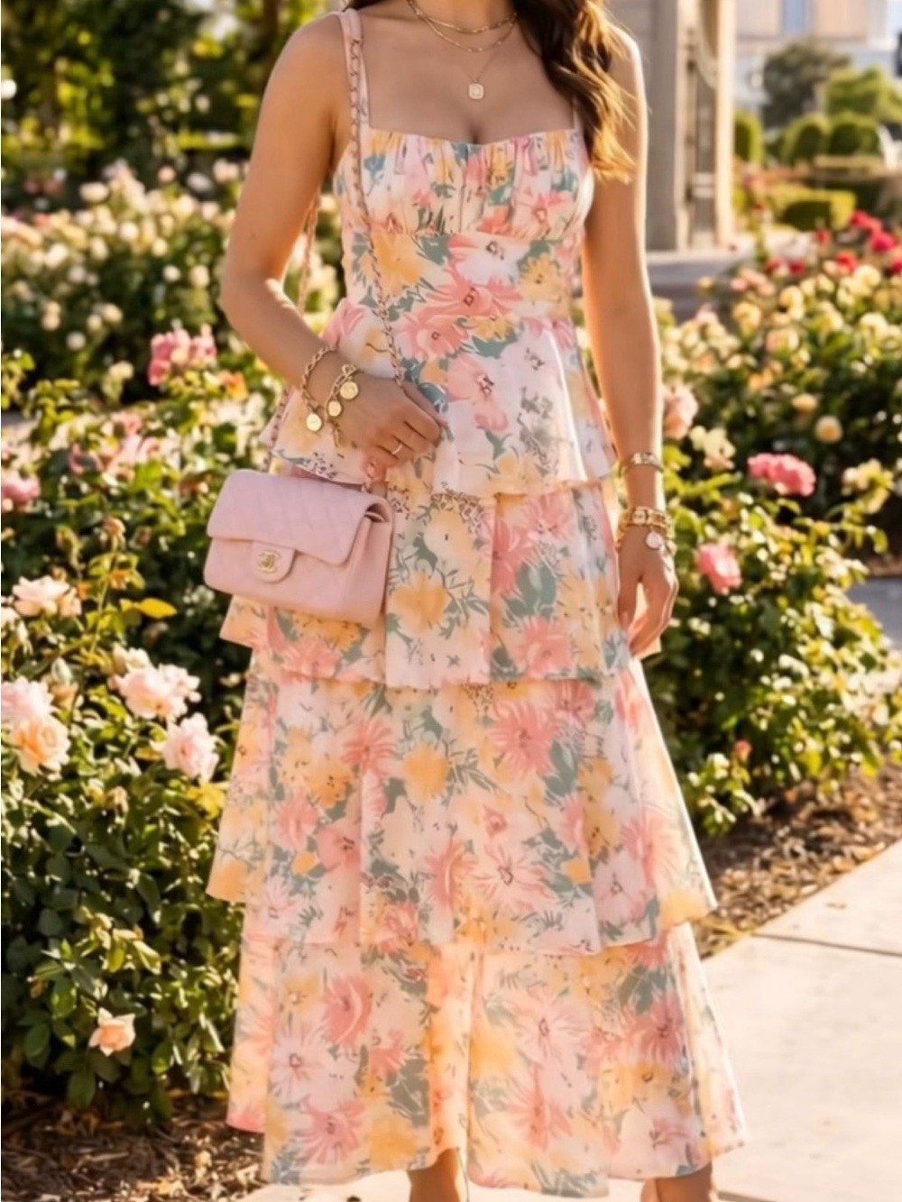 Floral Tiered Maxi Dress in Pastel Pink Size XL